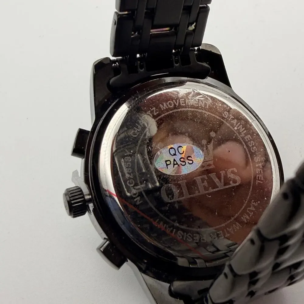 Sleek OLEVS 2858 Men's Black Stainless Steel Chrono Watch - New Battery!